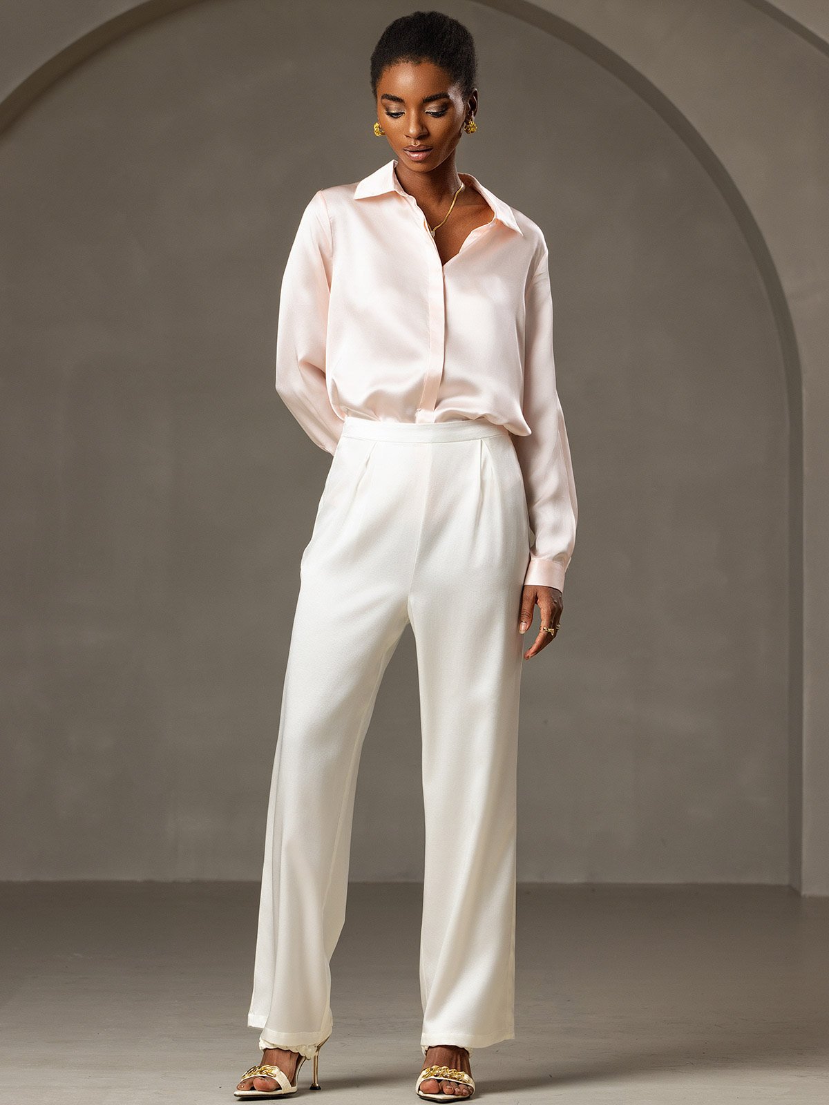 [لون القرنفل] SilkSilky-SA 19Momme الحرير الأكمام الطويلة Lapel Collar بلايز نسائية 006