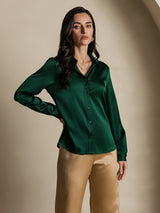[أخضر غامق] SilkSilky-SA Long Sleeve Lapel Collar بلايز نسائية 001