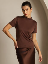 [قهوة] SilkSilky-SA 100% Silk Jersey Short Sleeve ياقة نصف عالية تي شيرت نسائية 001