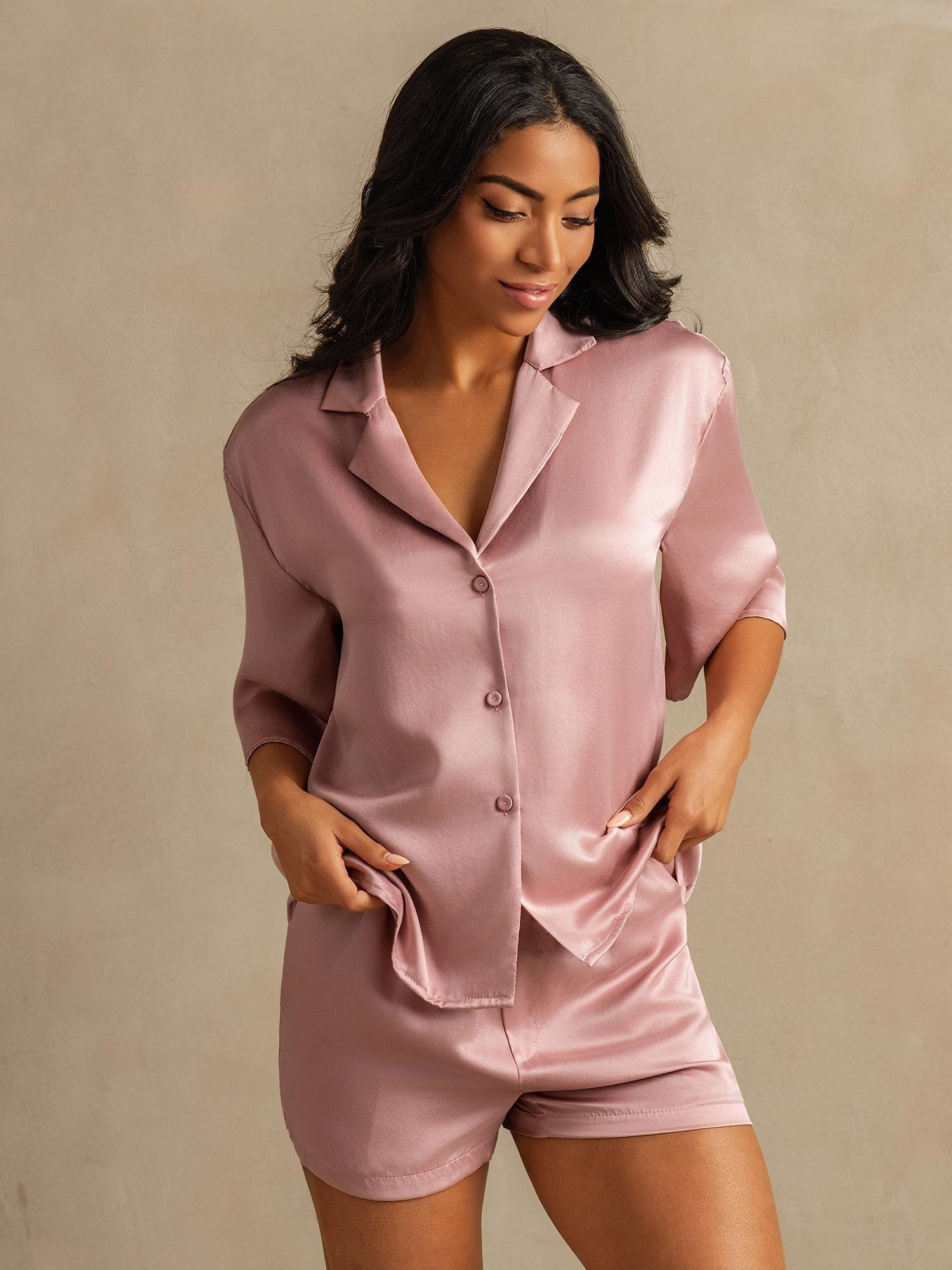 [بشرة الخوخ] SilkSilky-SA 19Momme الحرير الخالص Notch Collar طقم بيجامة نسائي 003,