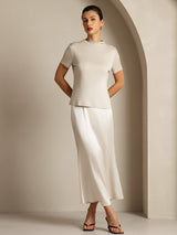 [رمادي] SilkSilky-SA 100% Silk Jersey Short Sleeve ياقة نصف عالية تي شيرت نسائية 007