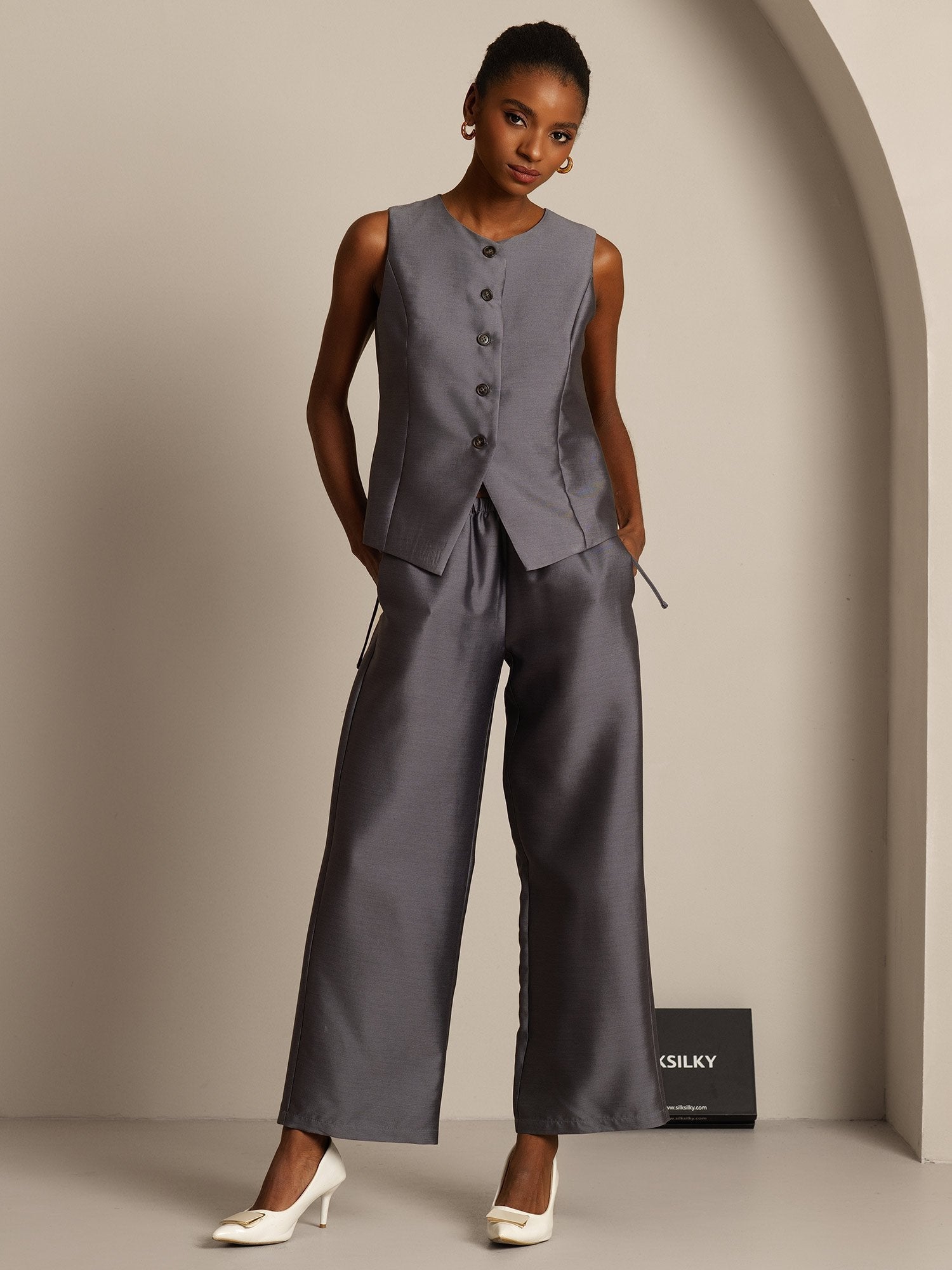 [رمادي] SilkSilky-SA 32Momme الحرير Womens Vest 006,