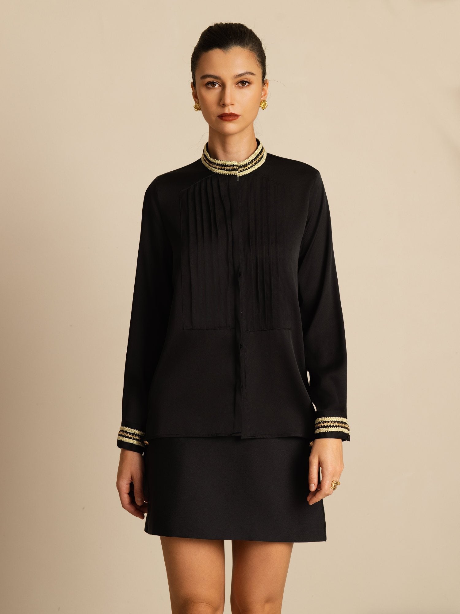 [أسود] SilkSilky-SA 19Momme الحرير الأكمام الطويلة ياقة القاع بلوزة 001