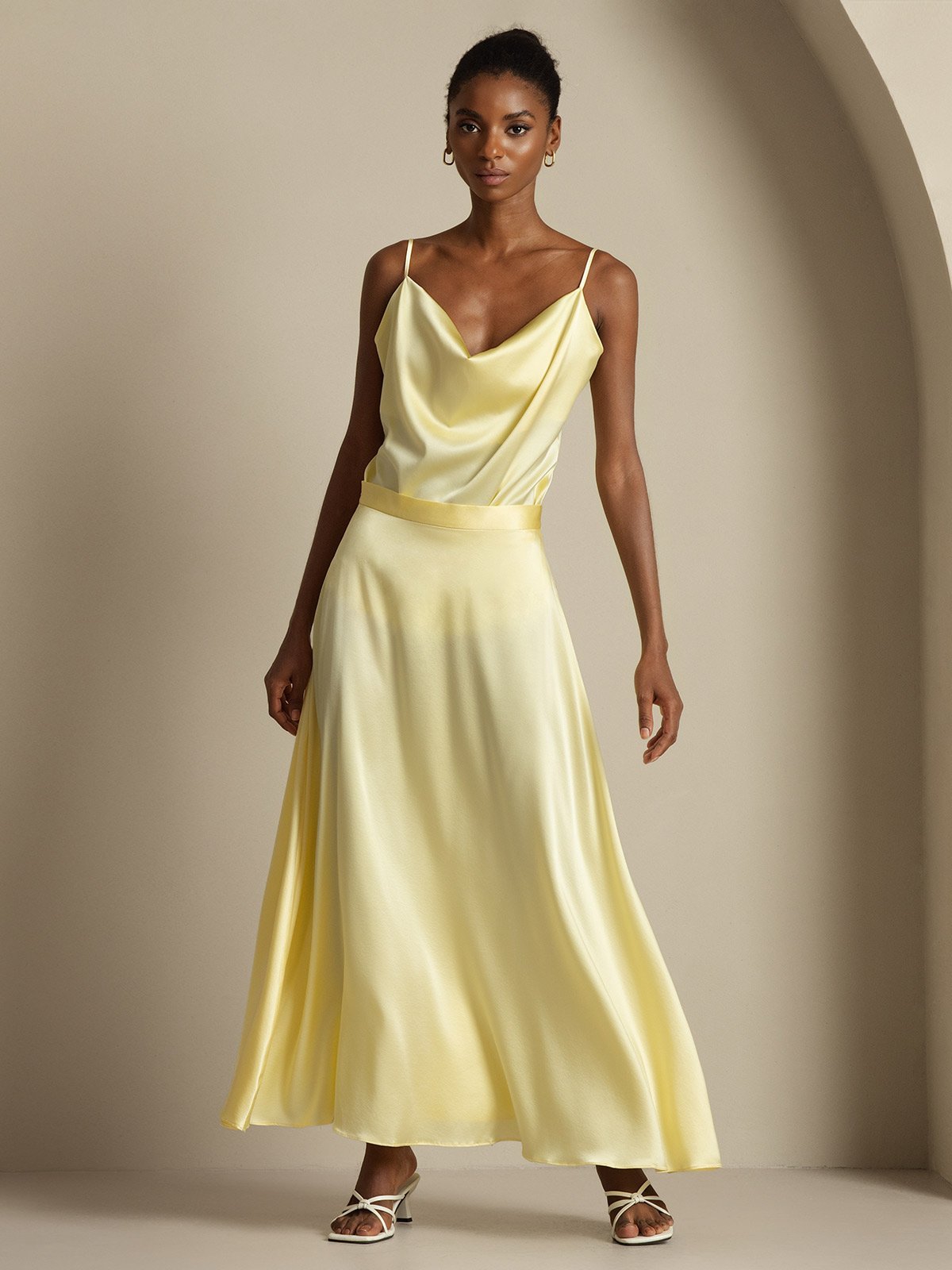 [أصفر فاتح] SilkSilky-SA 19Momme الحرير فتحة عنق بثنيات ملفوفة Women''s Outfit Sets 001,