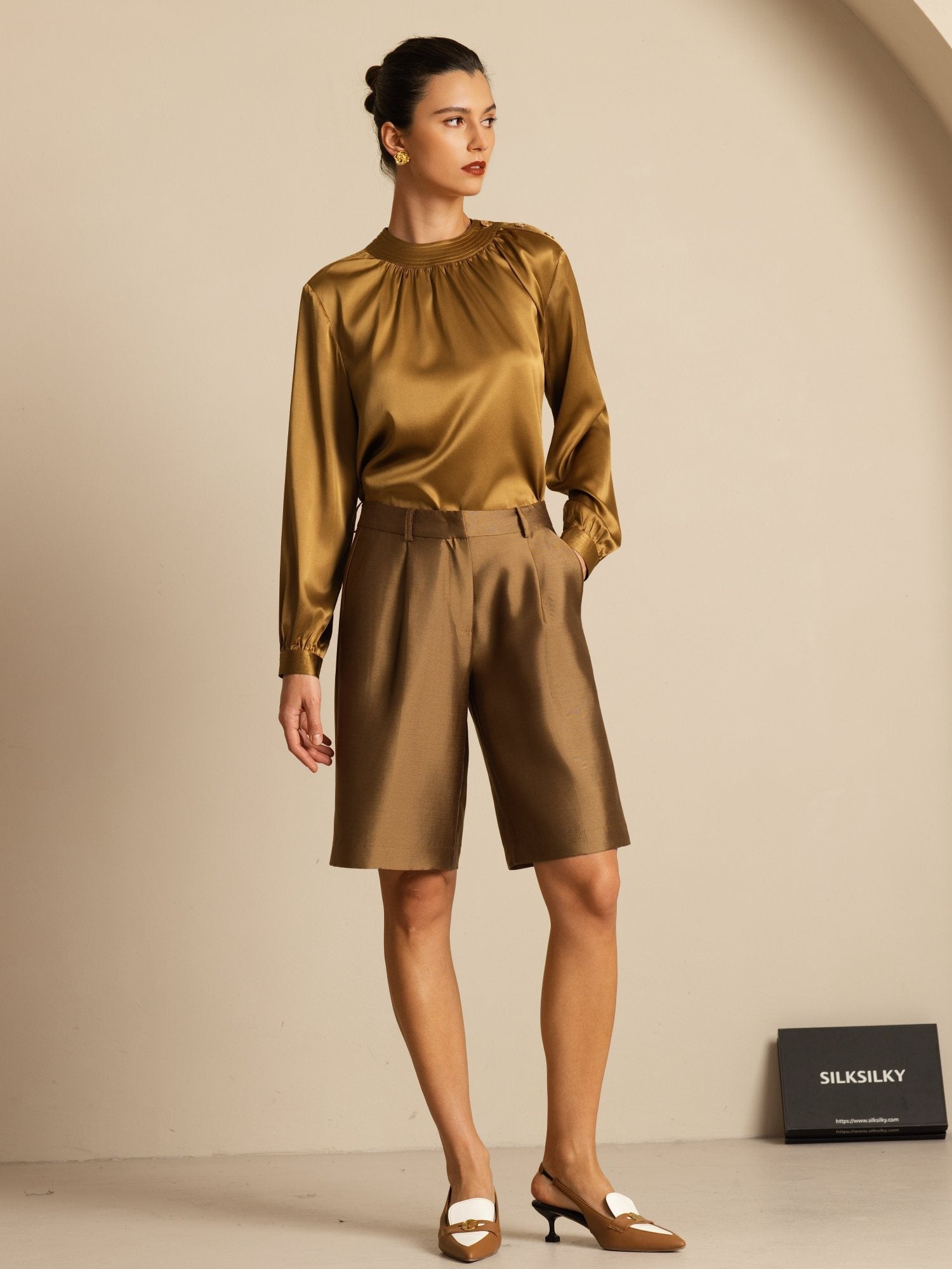 [برونزي] SilkSilky-SA 19Momme الحرير الأكمام الطويلة رقبة مستديرة بلوزة 007