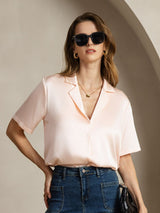 [لون القرنفل] SilkSilky-SA Short Sleeve Notch Collar بلايز نسائية 001