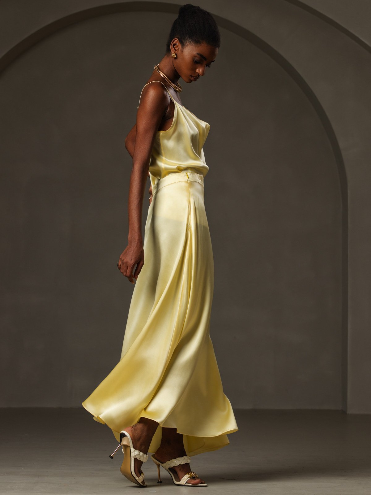 [أصفر] SilkSilky-SA 19Momme الحرير فتحة عنق بثنيات ملفوفة كامي 006