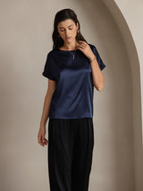 [أزرق غامق] SilkSilky-SA Short Sleeve Boat Neck تي شيرت نسائية 003