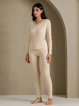 [اللون البيج] SilkSilky-SA Long Sleeve V Neck ملابس داخلية طويلة نسائية 007