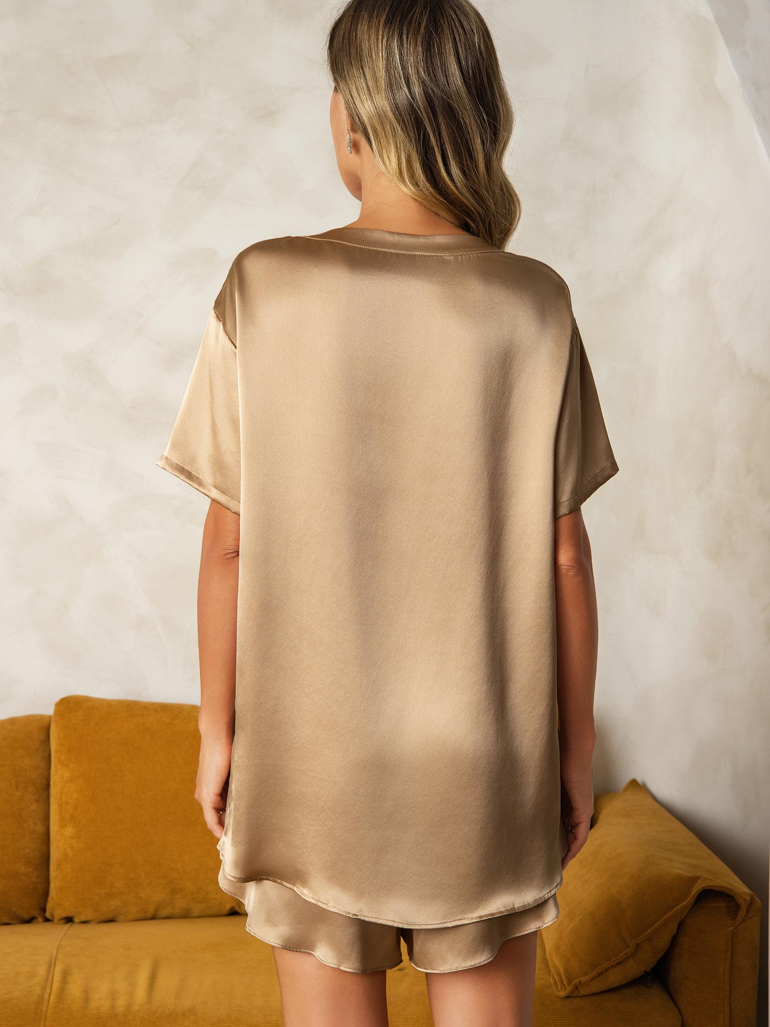 [شامبانيا] SilkSilky-SA الحرير الخالص رقبة مستديرة طقم بيجامة نسائي 002