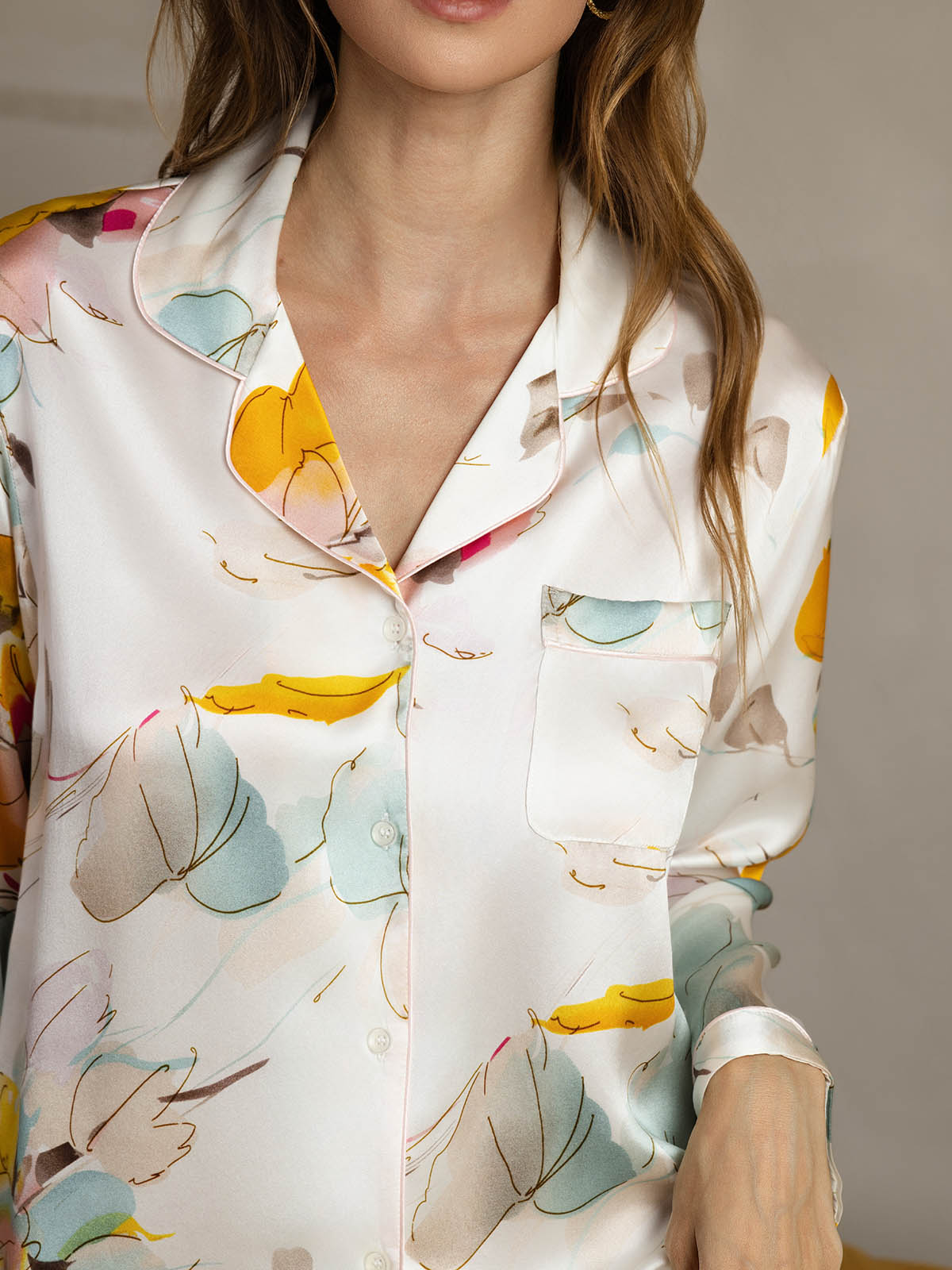 [حبر الأوركيد] SilkSilky-SA الحرير الخالص Notch Collar طقم بيجامة نسائي 005,