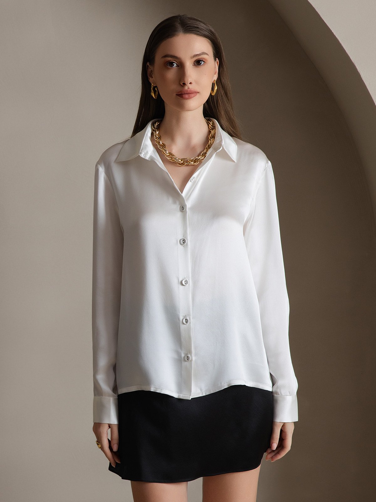 [أبيض] SilkSilky-SA 19Momme الحرير Lapel Collar بلايز نسائية 006