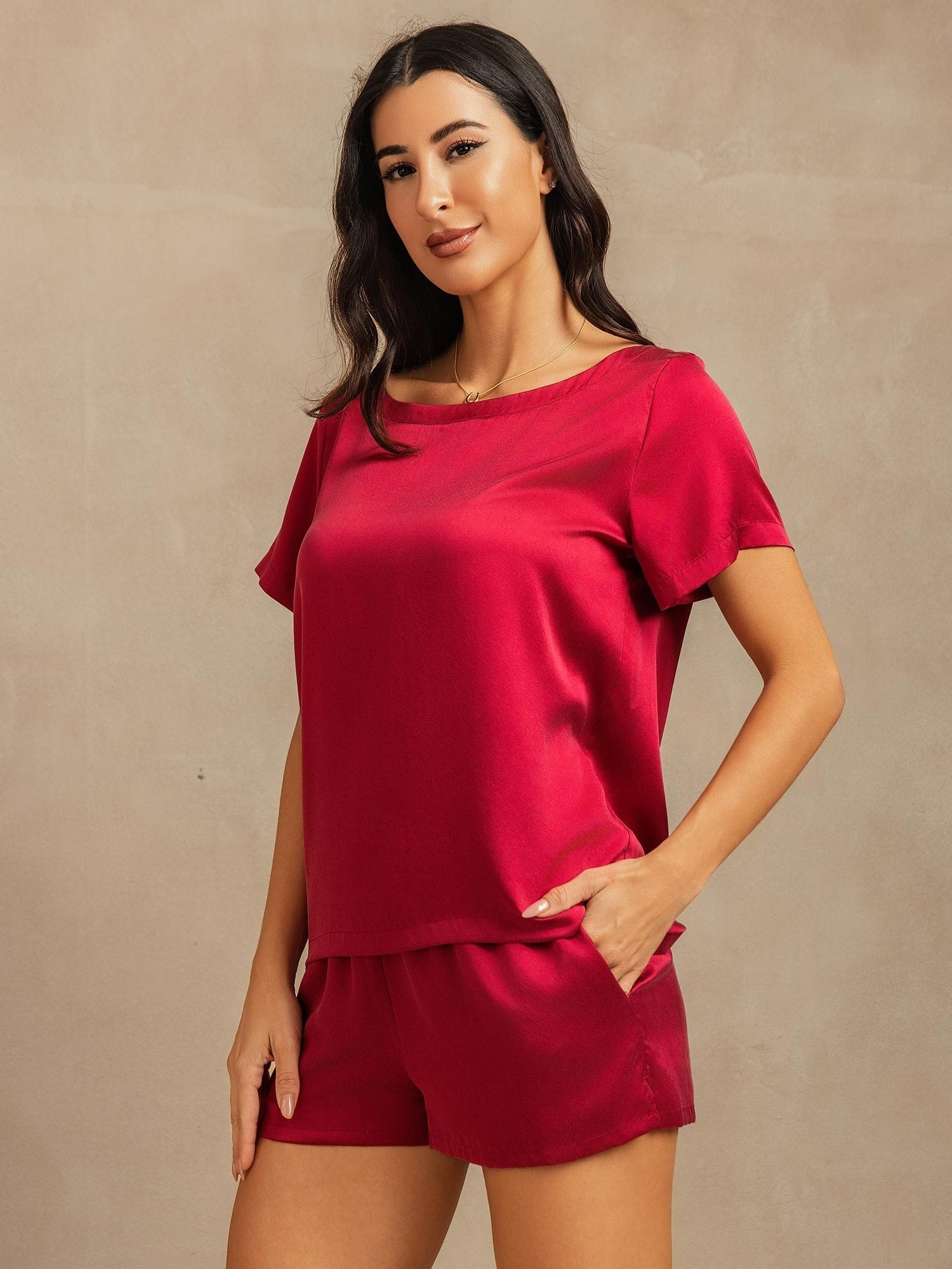 [خمر] SilkSilky-SA 19Momme الحرير رقبة مستديرة طقم بيجامة نسائي 003