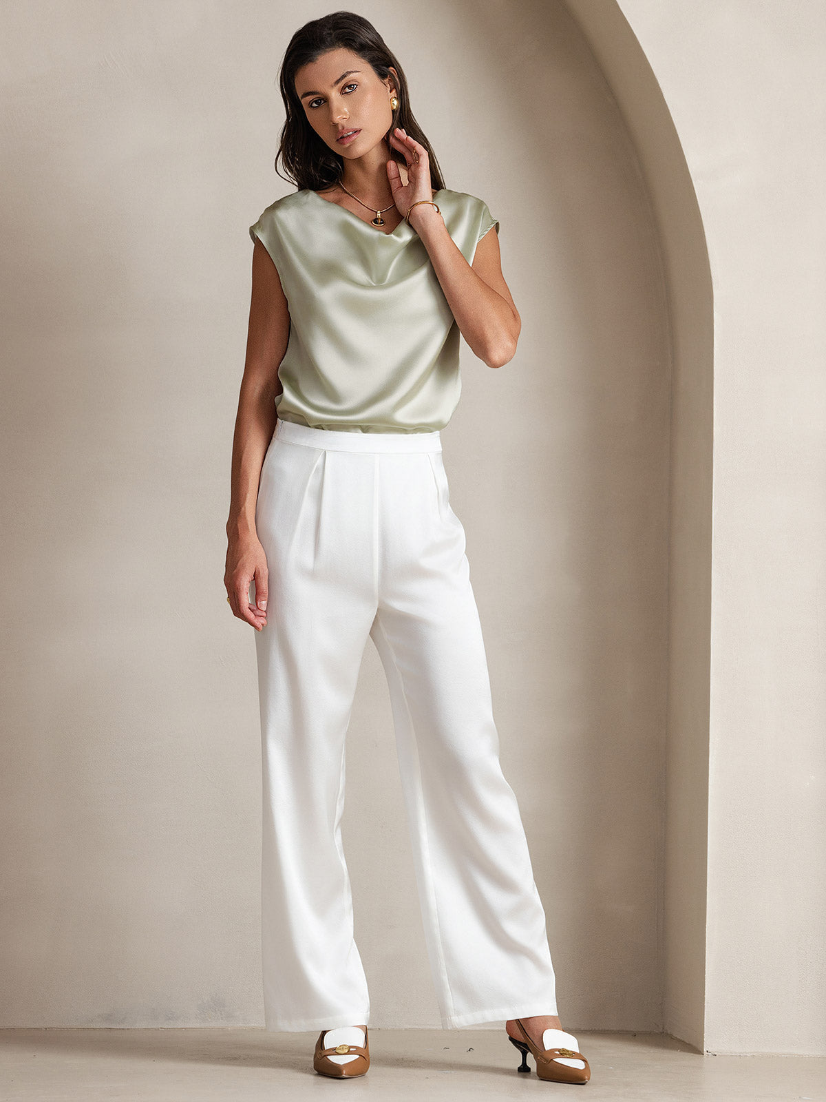 [اخضر فاتح] SilkSilky-SA 19Momme الحرير فتحة عنق بثنيات ملفوفة تي شيرت نسائية 008,