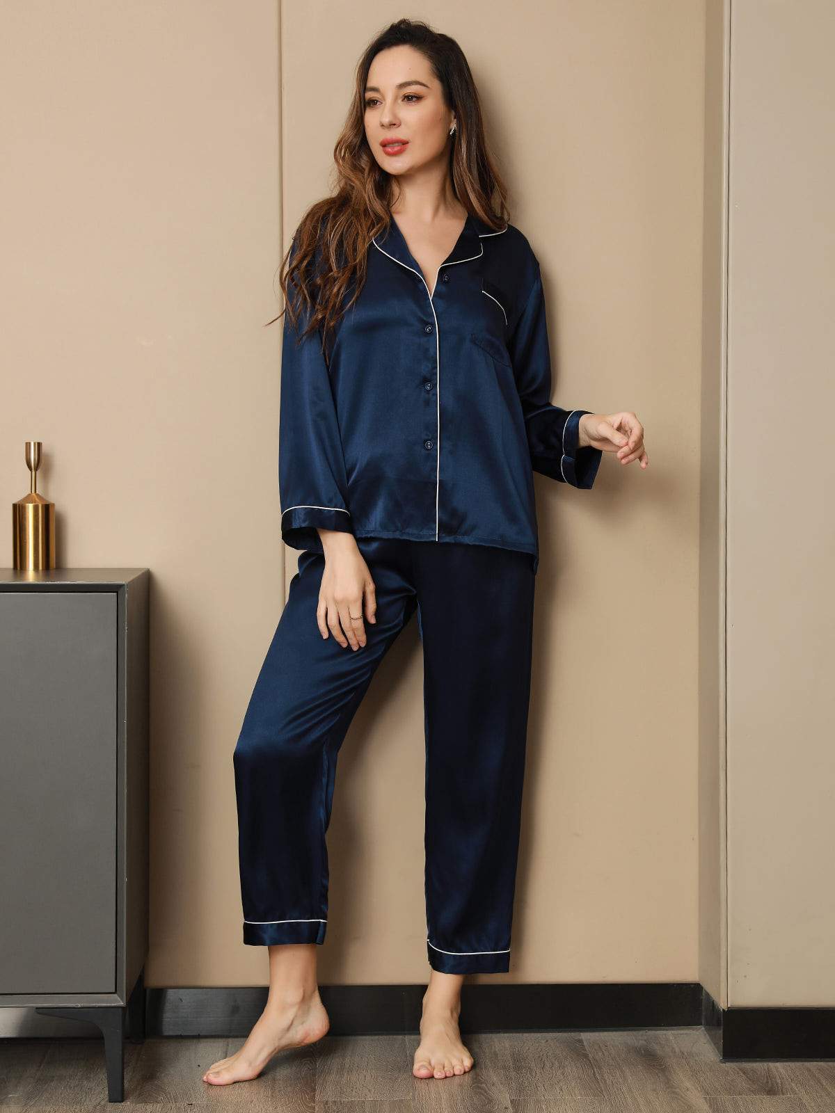 [أزرق غامق] SilkSilky-SA الحرير الخالص Womens Pajamas 007