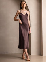 [قهوة] SilkSilky-SA Sleeveless V Neck فساتين نسائية 004