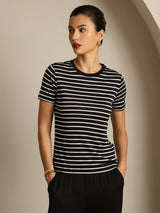 [شريط أسود] SilkSilky-SA Short Sleeve Crew Neck تي شيرت نسائية 001