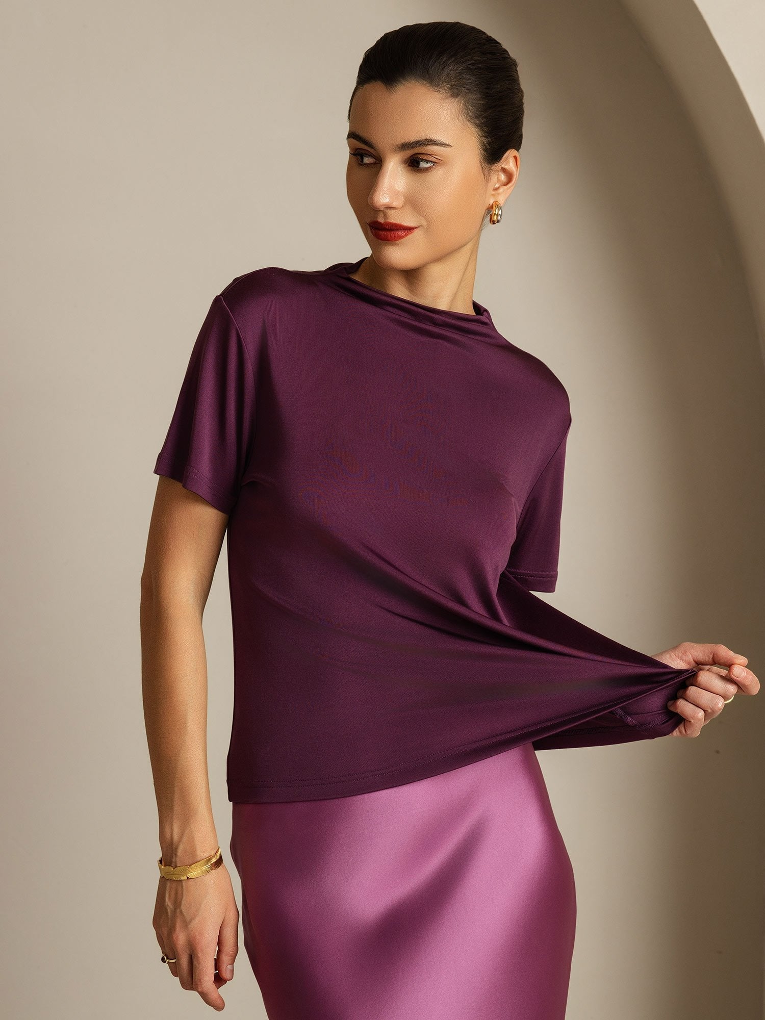 [أرجواني] SilkSilky-SA Short Sleeve تي شيرت نسائية 001