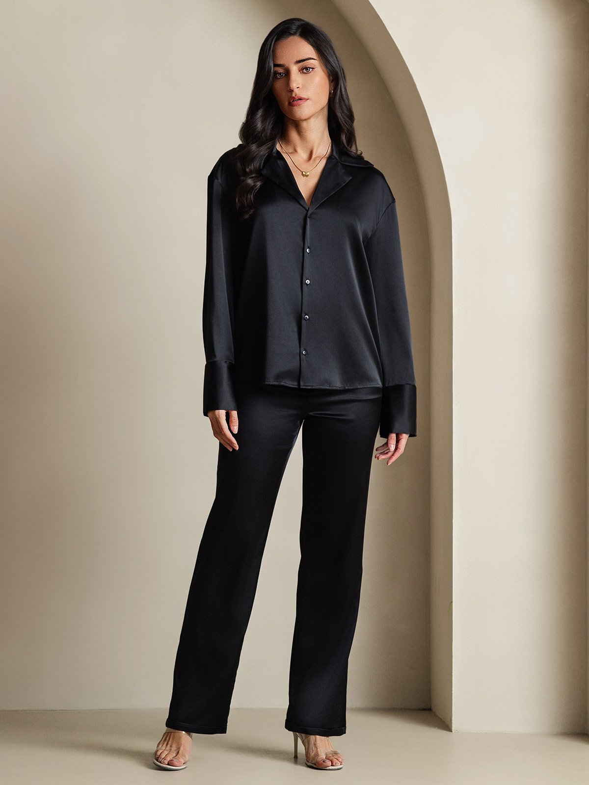 [أسود] SilkSilky-SA 19Momme الحرير Notch Collar بلايز نسائية 006
