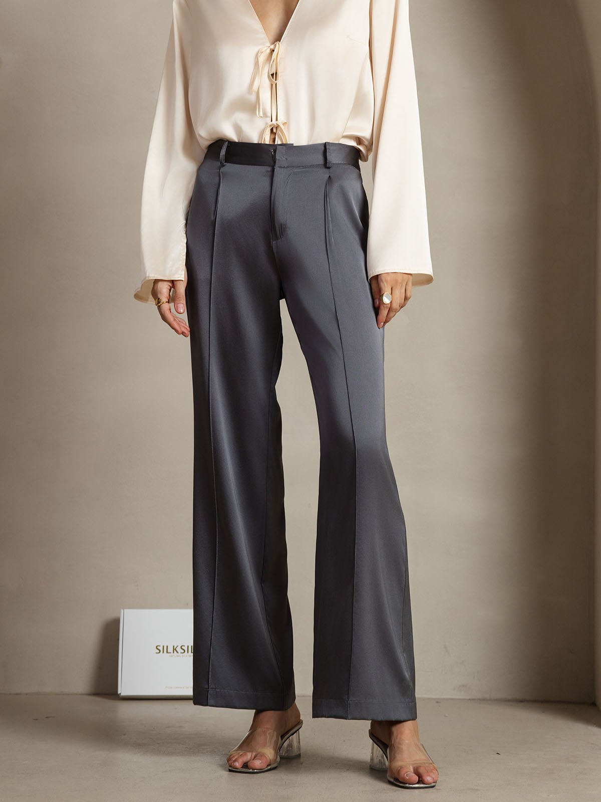 [الرمادي الداكن] SilkSilky-SA 19Momme الحرير Womens Pants 001