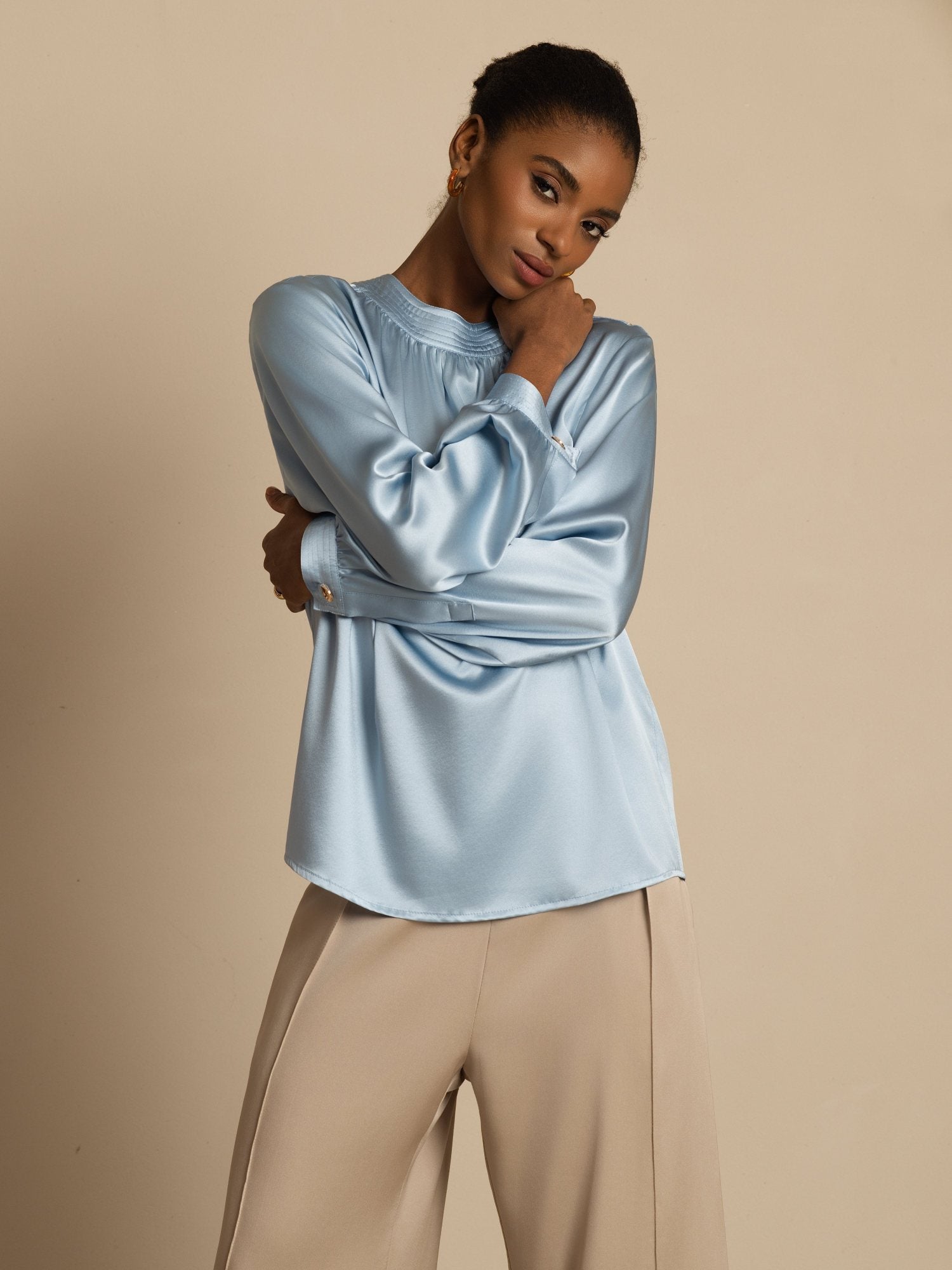 [أزرقرمادي] SilkSilky-SA 19Momme الحرير الأكمام الطويلة رقبة مستديرة بلوزة 005