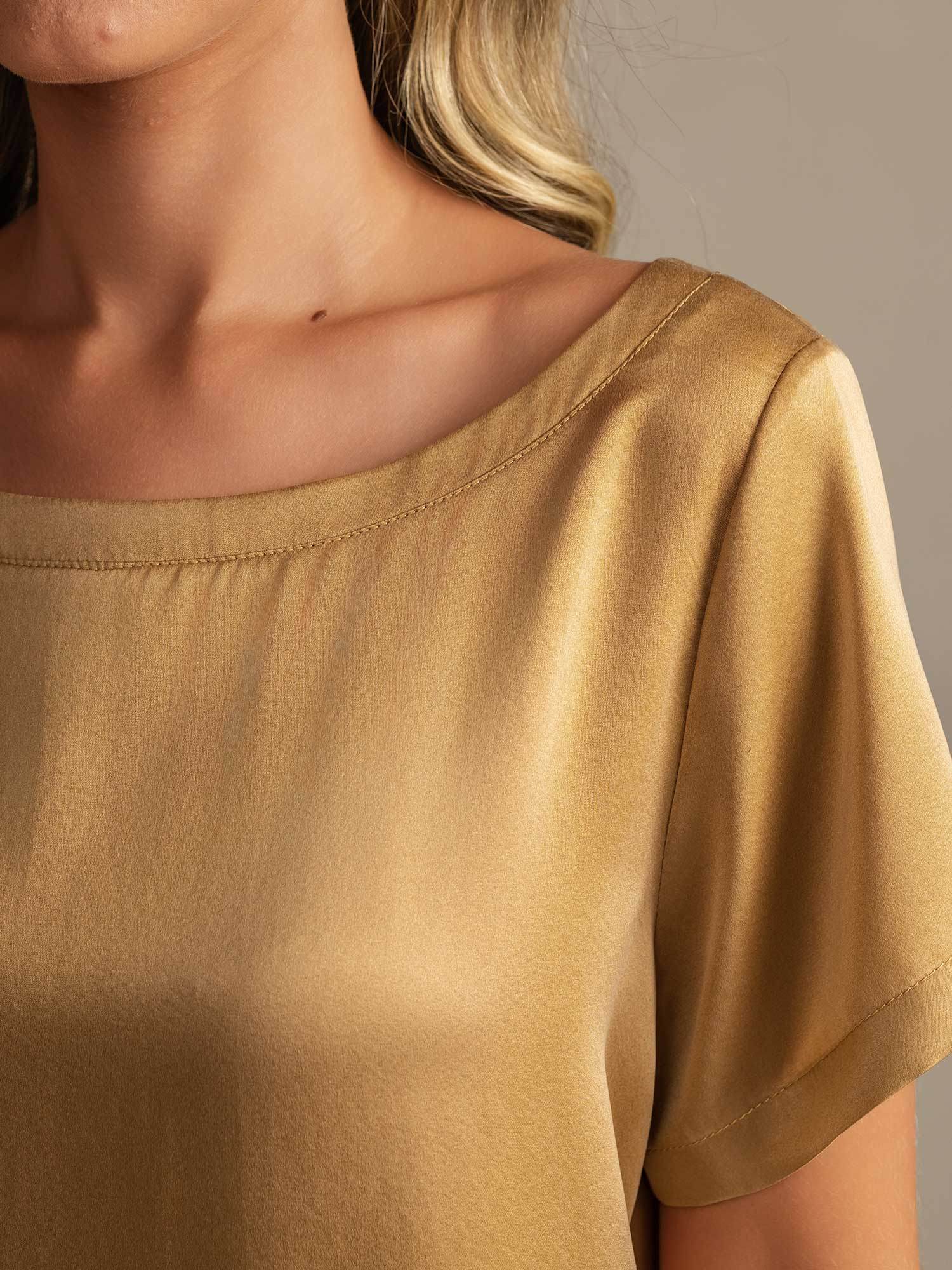 [تان(بنيفاتح)] SilkSilky-SA 19Momme الحرير رقبة مستديرة طقم بيجامة نسائي 004