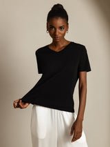 [أسود] SilkSilky-SA Short Sleeve V Neck تي شيرت نسائية 006
