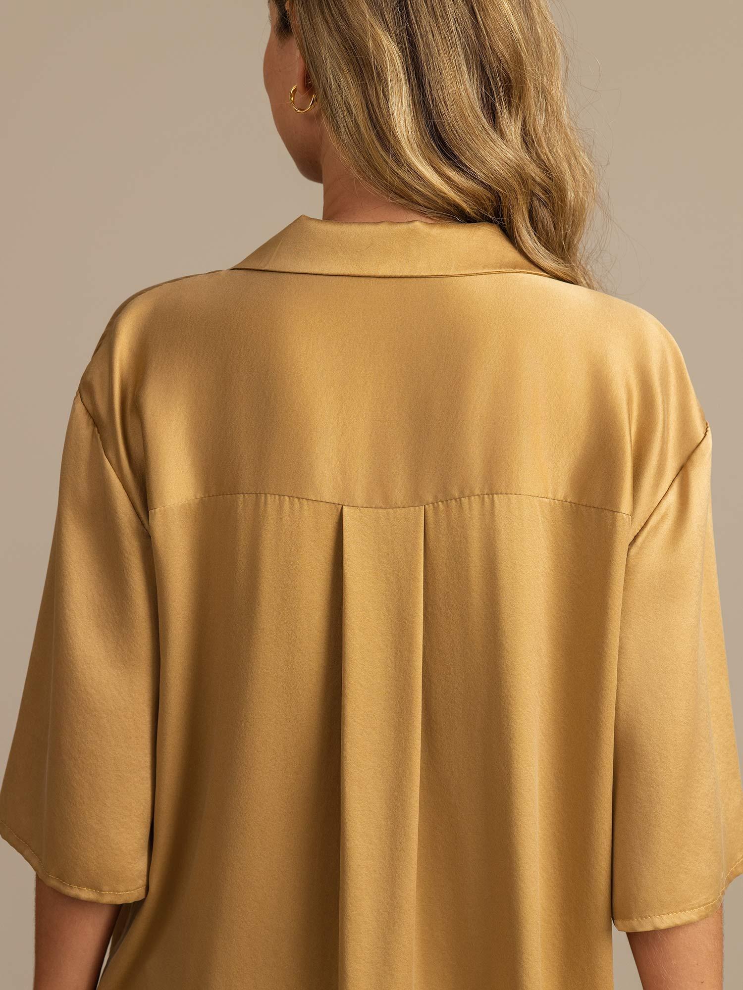 [تان (بني فاتح)] SilkSilky-SA 19Momme الحرير الخالص Notch Collar طقم بيجامة نسائي 004,