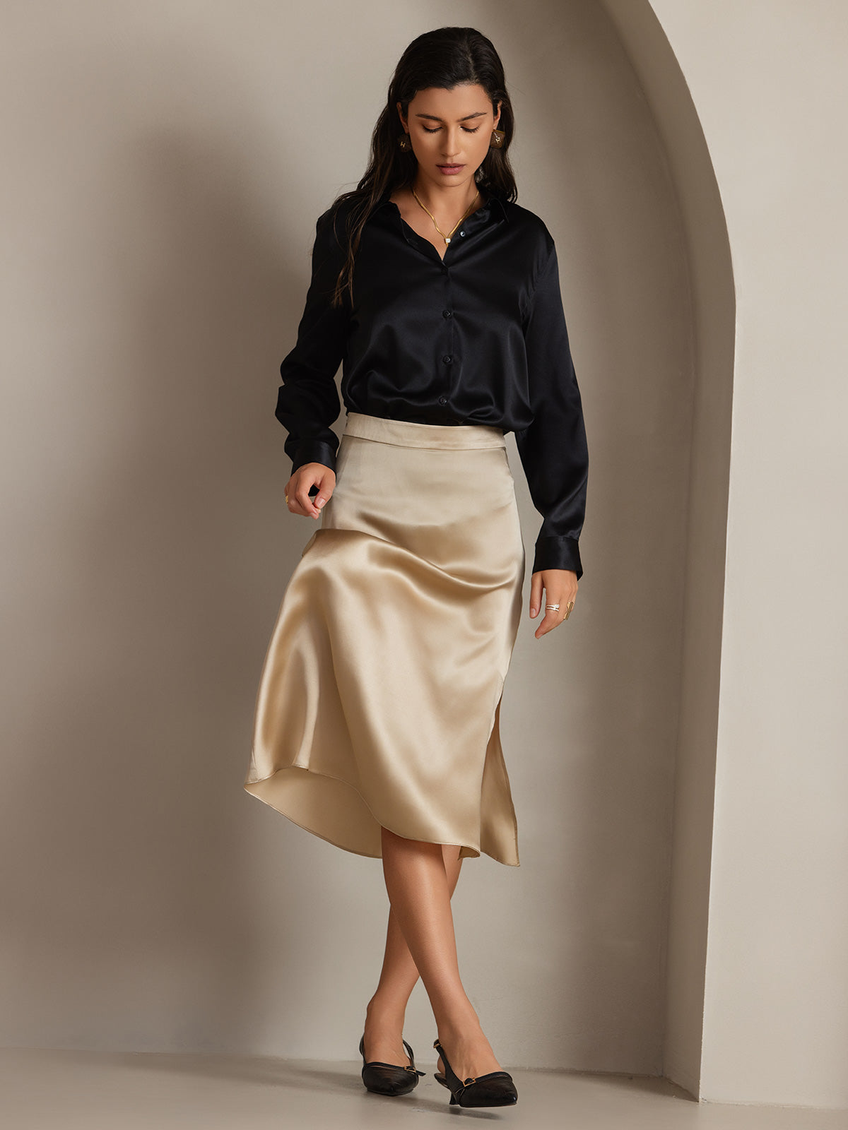 [أسود] SilkSilky-SA الحرير الأكمام الطويلة الياقة بلايز نسائية 005