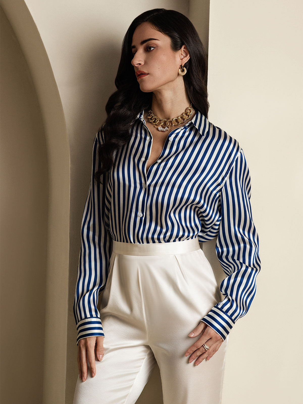 [أزرق] SilkSilky-SA الحرير Lapel Collar بلايز نسائية 005