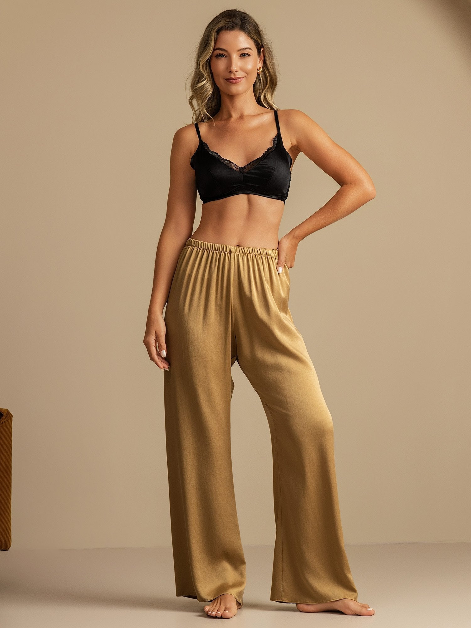 [تان (بني فاتح)] SilkSilky-SA 19Momme الحرير Womens Sleep Bottoms 005,