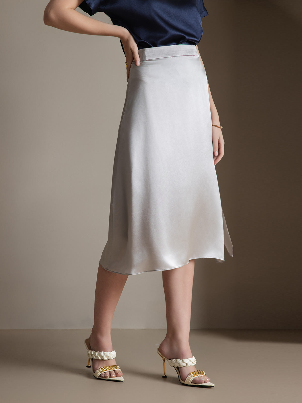 [رمادي فاتح] SilkSilky-SA 19Momme الحرير Skirt 004