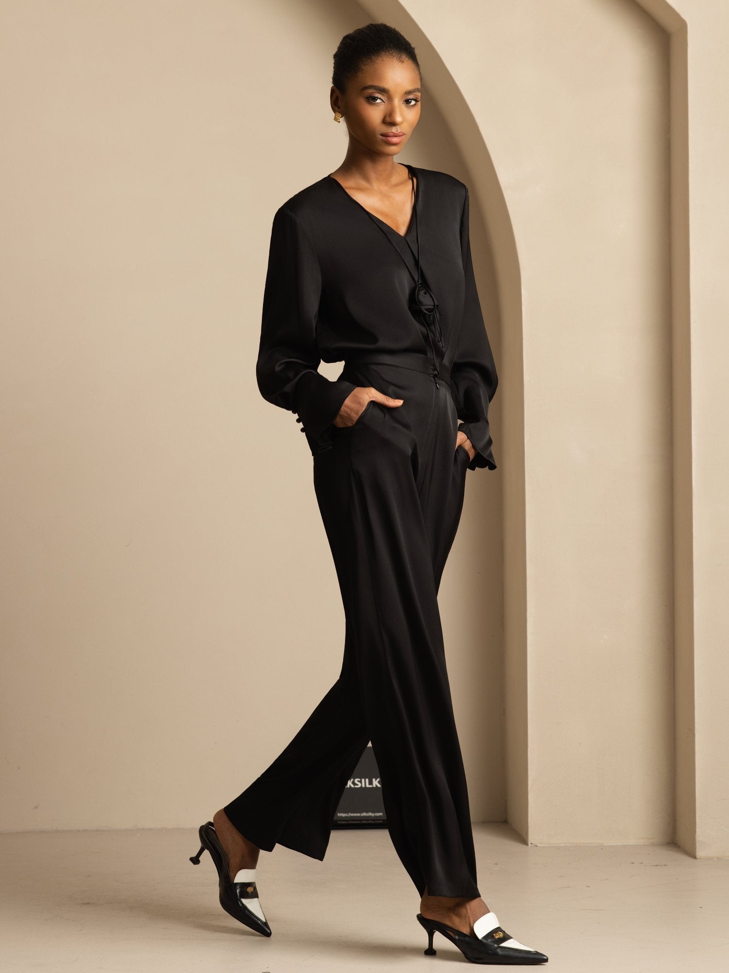 [أسود] SilkSilky-SA 19Momme الحرير Womens Pants 008