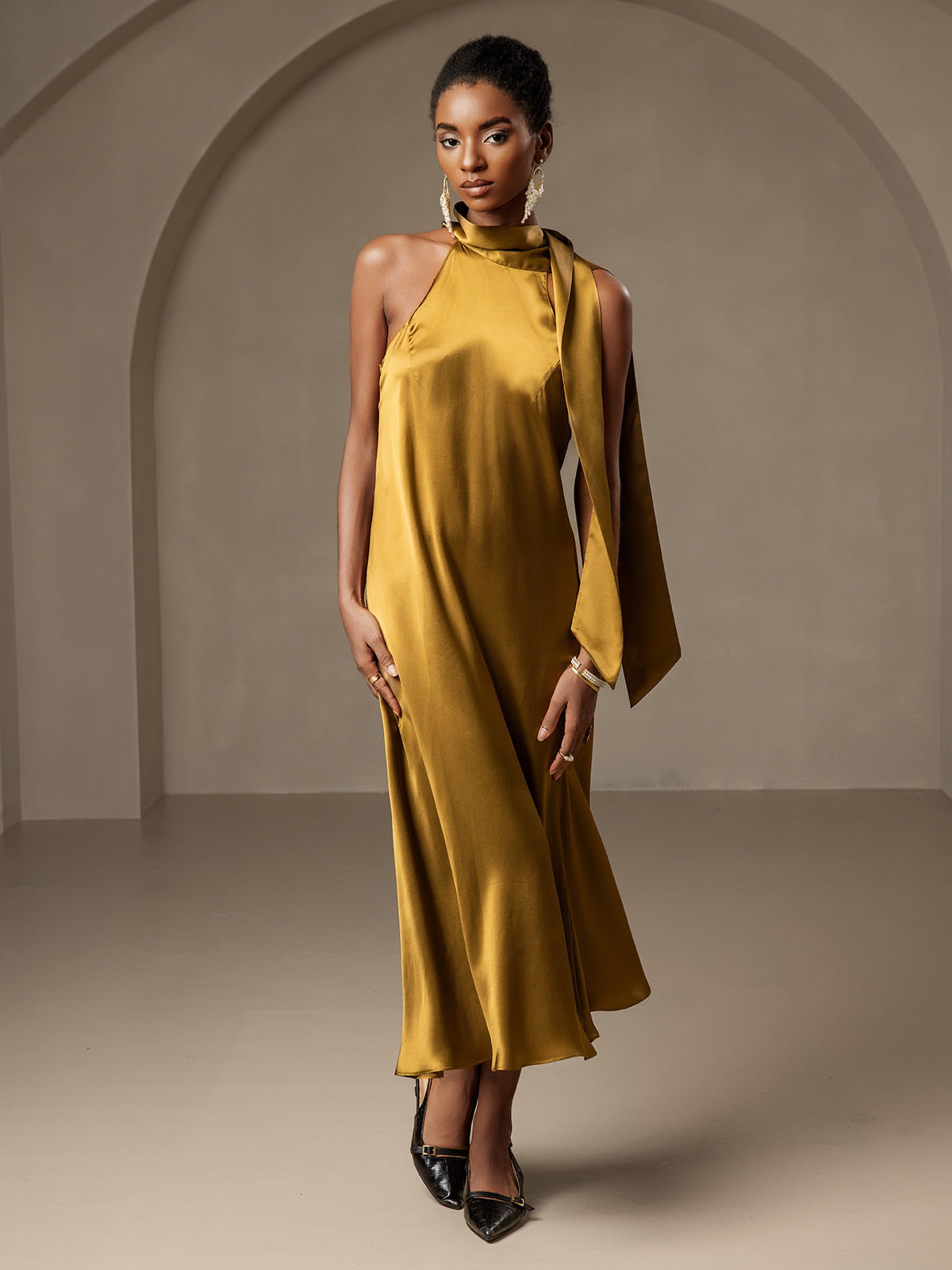 [بني] SilkSilky-SA 19Momme الحرير بدون أكمام تعادل الرقبة فساتين نسائية 006