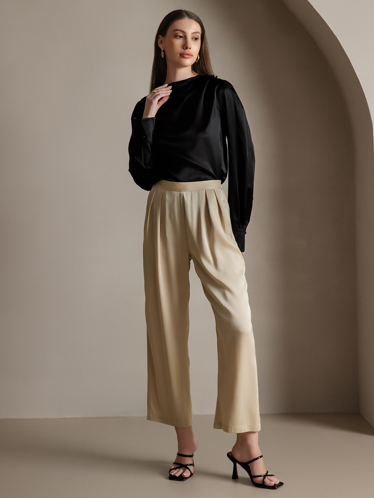 [أسود] SilkSilky-SA 19Momme الحرير Womens Shirt 007