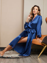 [أزرق غامق] SilkSilky-SA 19Momme الأكمام الطويلة رداء حمام نسائي 007