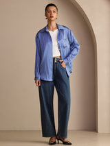 [مقلم دقيق أزرق] SilkSilky-SA Long Sleeve Lapel Collar بلايز نسائية 007