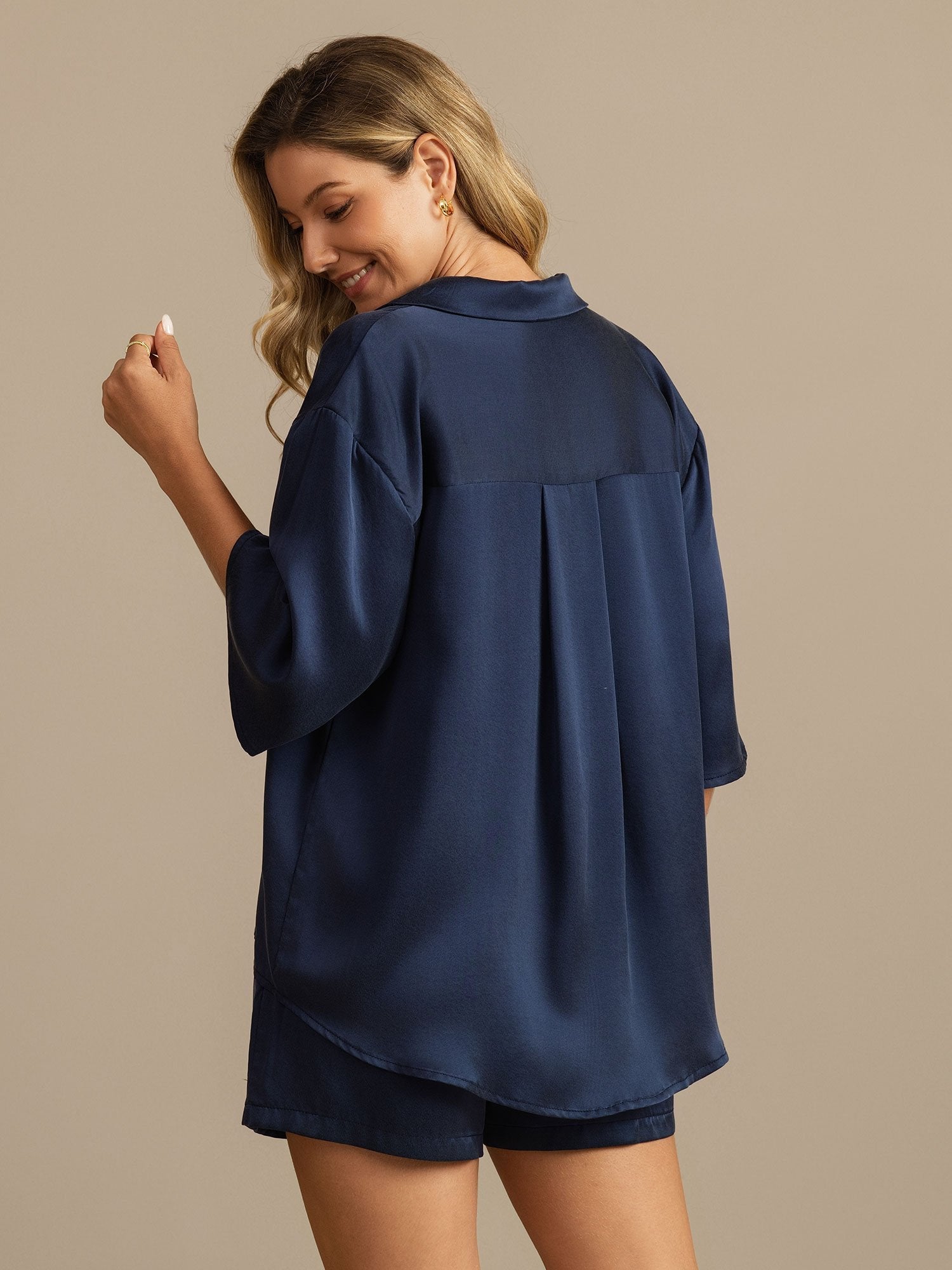 [أزرق غامق] SilkSilky-SA 19Momme الحرير الخالص Notch Collar طقم بيجامة نسائي 002,