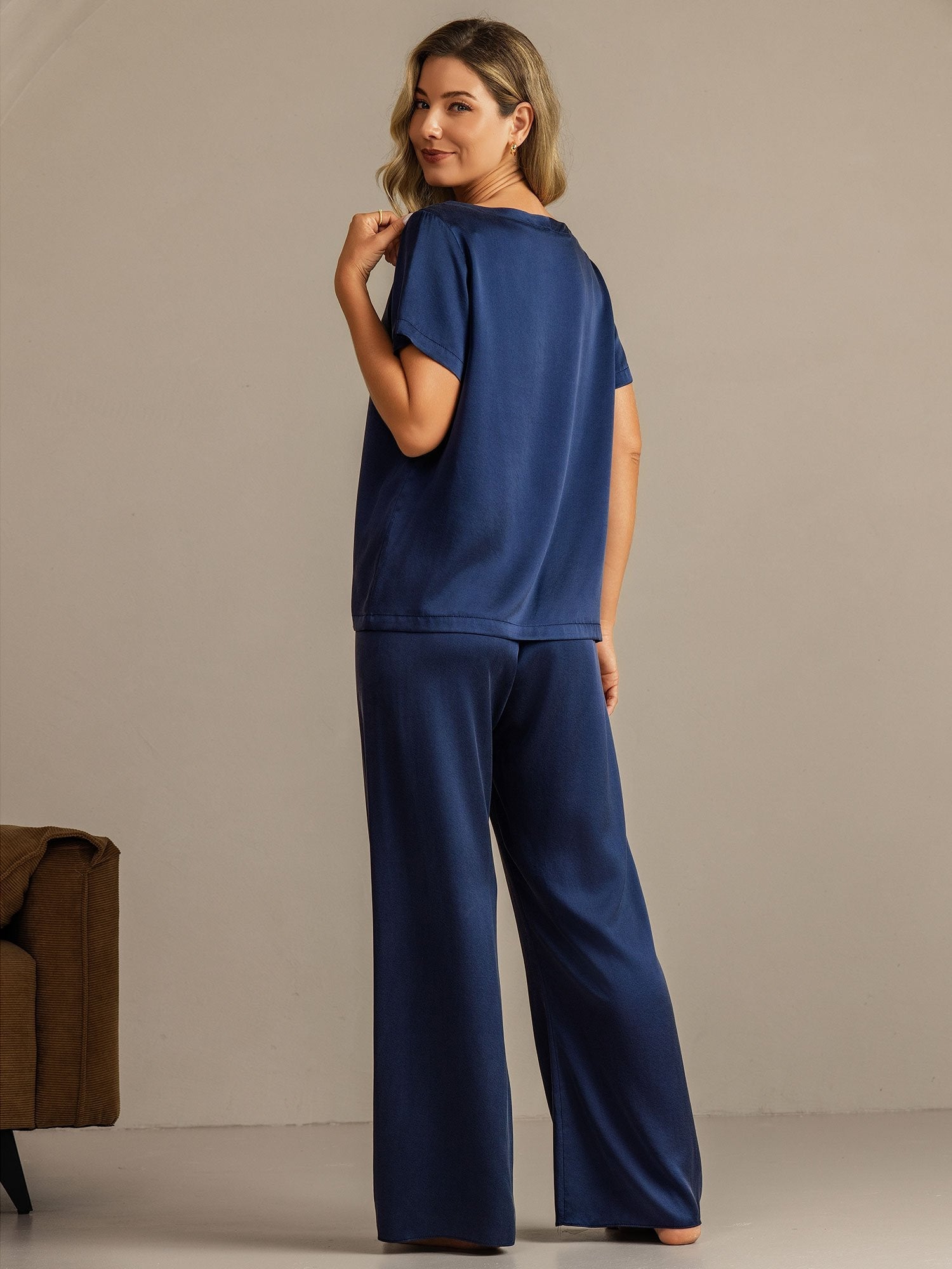 [أزرقغامق] SilkSilky-SA 19Momme الحرير Womens Pajamas 002