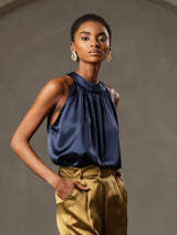 [أزرق غامق] SilkSilky-SA Sleeveless Halter تي شيرت نسائية 004