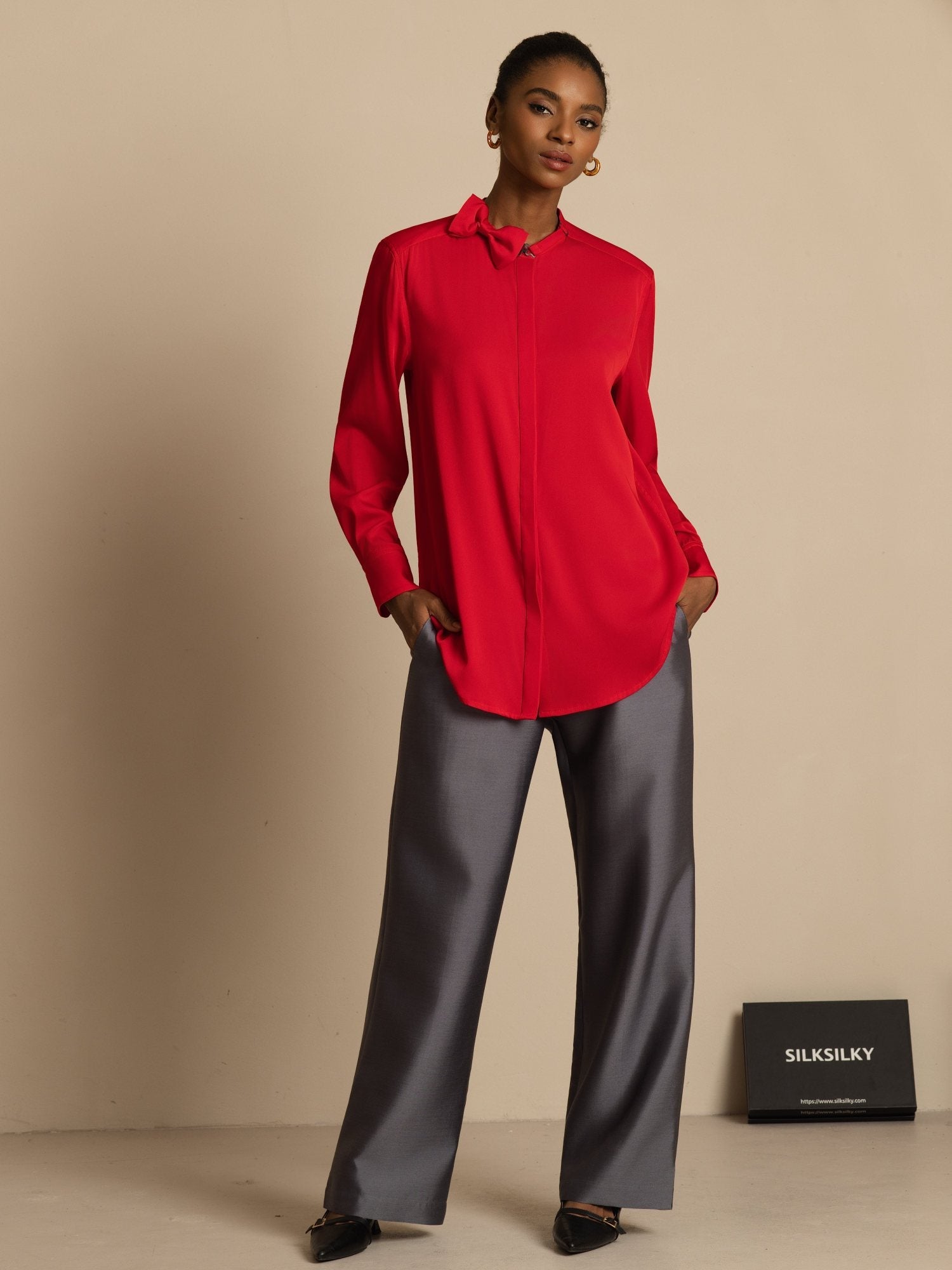 [خمر] SilkSilky-SA 19Momme الحرير الأكمام الطويلة ياقة القاع بلوزة 007