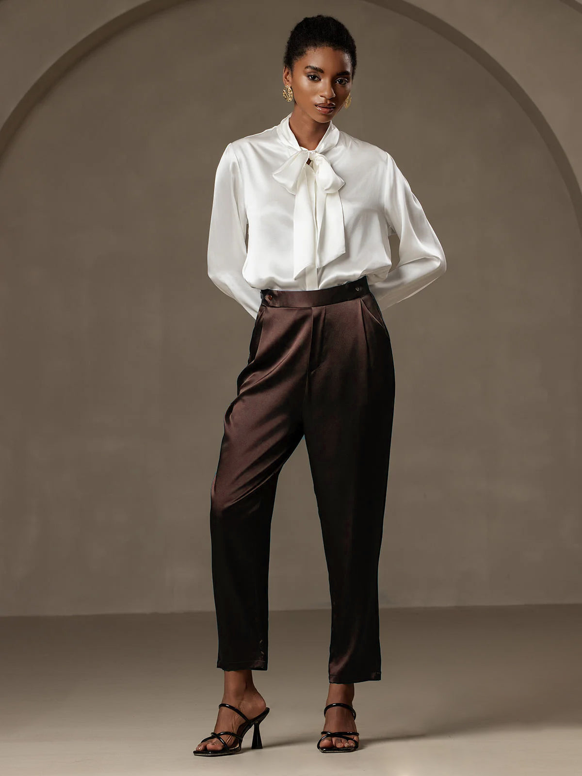 [شوكولاتة داكنة] SilkSilky-SA 19Momme الحرير Womens Pants 002