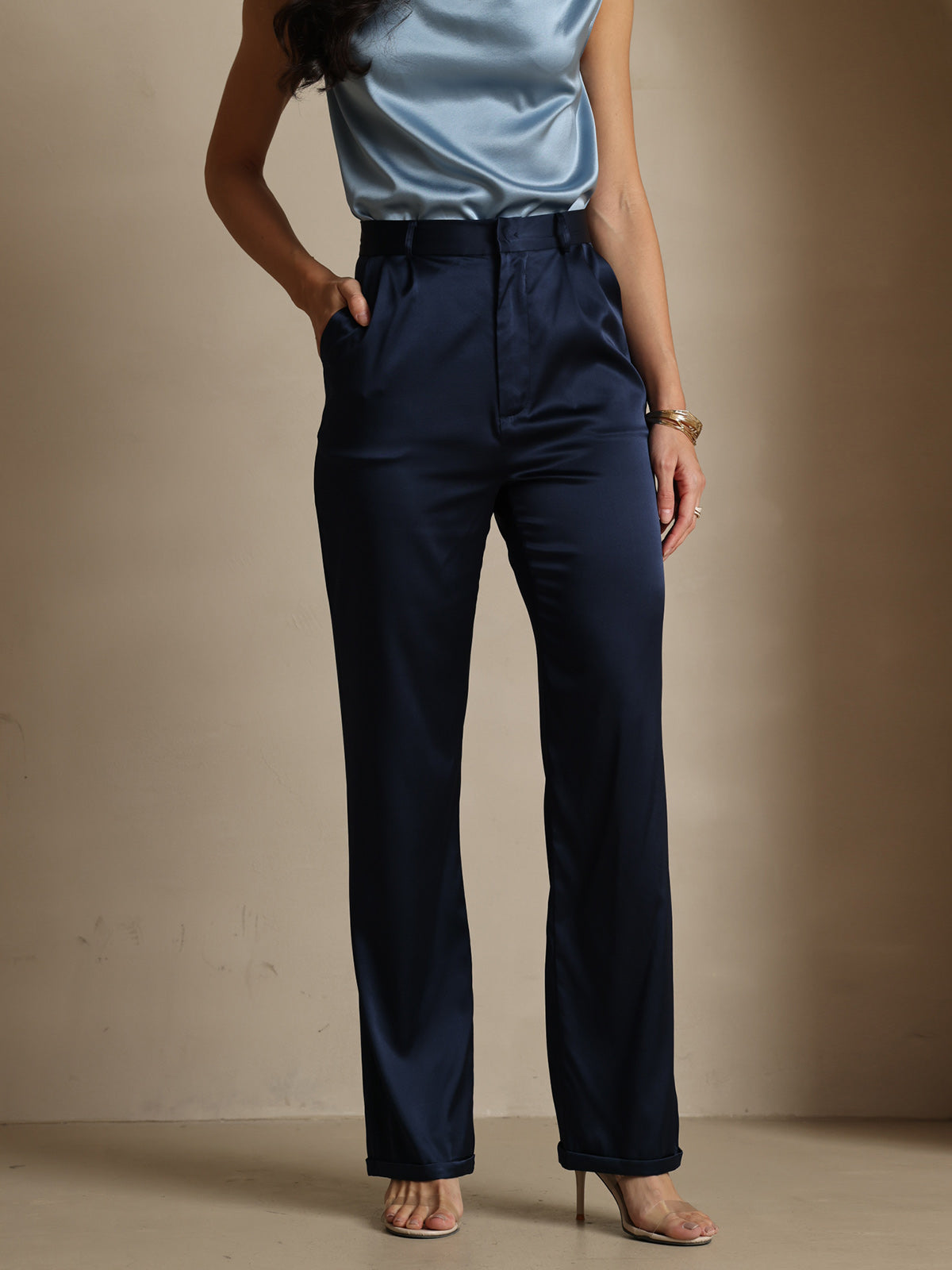 SilkSilky-SA 19Momme الحرير Womens Pants أزرقغامق 001