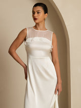 [أبيض] SilkSilky-SA 19Momme Sleeveless Illusion Neck فساتين نسائية 007