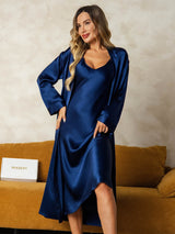 [أزرق غامق] SilkSilky-SA Long Sleeve V Neck رداء الحمام وقميص النوم 001