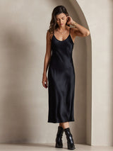 [أسود] SilkSilky-SA Sleeveless V Neck فساتين نسائية 006