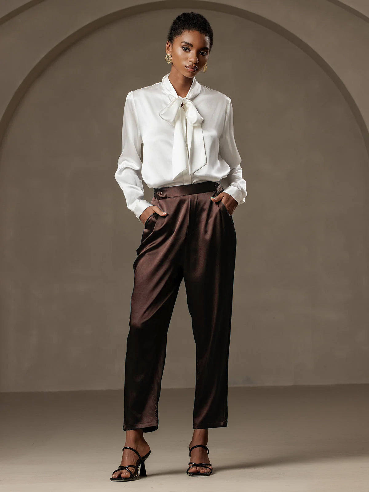 [شوكولاتة داكنة] SilkSilky-SA 19Momme الحرير Womens Pants 005