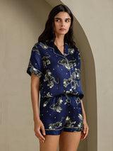 [أسد أزرق داكن] SilkSilky-SA Short Sleeve Notch Collar طقم بيجامة نسائي 004