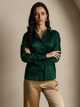 [أخضر غامق] SilkSilky-SA Long Sleeve Lapel Collar بلايز نسائية 005