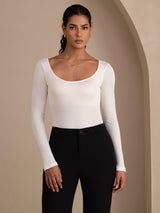 [أبيض] SilkSilky-SA Long Sleeve رقبة على شكل حرف U تي شيرت نسائية 001